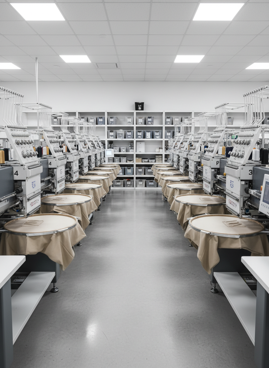 A meticulously organized embroidery production floor captured in photographic realism, featuring rows of high-end, industrial embroidery machines with brushed metal housings and illuminated control panels. Each machine holds tightly hooped neutral-colored garments, their surfaces taut and ready for stitching. The setting is a spotless, open-plan facility with glossy concrete floors, white walls, and neatly labeled shelving in the background. Cool, diffused overhead LED lighting creates even illumination with soft, controlled shadows, emphasizing clean lines and a corporate aesthetic. Shot from a slightly elevated, wide-angle perspective with sharp focus throughout, the composition is balanced and structured, conveying precision, efficiency, and professionalism suitable for a production blog homepage hero image.