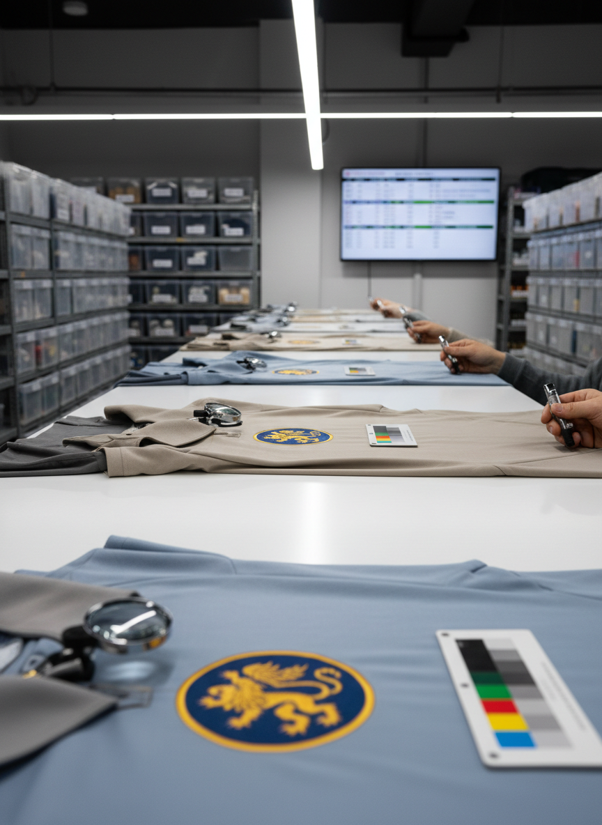 A long, photographic view down an embroidery quality-control station, where a smooth, white inspection table stretches into the distance. On the table lie evenly spaced garments in muted tones, each featuring a freshly embroidered emblem being inspected with a magnifying loupe and a calibrated color card placed beside them. The surrounding environment includes neatly arranged storage bins, labeled shelves, and a wall-mounted production schedule in the background, all softly out of focus. Cool overhead LED lighting bathes the scene in uniform brightness, minimizing glare and creating a controlled, analytical mood. Captured from a low, slightly oblique angle with moderate depth of field, the composition emphasizes order, precision, and the rigorous standards of a professional production facility.