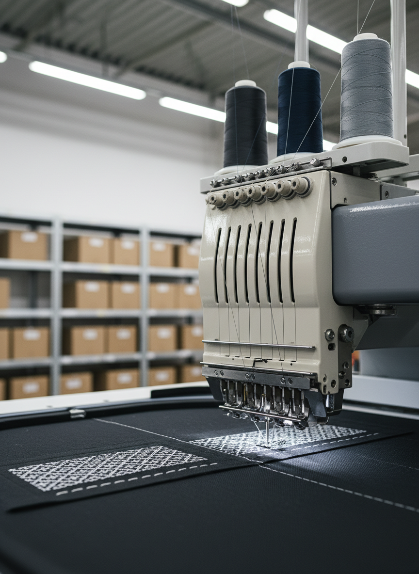 A close-up, photographic image of a single embroidery machine head in motion, its chrome needle assembly and thread guides rendered in sharp detail. Multiple spools of thread in muted, corporate-appropriate tones—charcoal, navy, and soft gray—feed smoothly through tensioners into the machine. The background shows a blurred, neutral production workspace with orderly storage racks and neatly stacked cartons. Cool, focused overhead lighting highlights the metallic textures and subtle reflections on the machine casing while casting minimal, precise shadows. Captured at eye level with a shallow depth of field, the composition centers on the needle area and stitching surface, creating a calm, technical, behind-the-scenes mood that emphasizes craftsmanship and modern manufacturing.