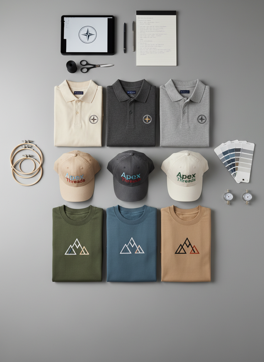 A structured flat lay on a smooth, light gray worktable featuring a sequence of embroidered garment samples arranged in a clean grid. Each item—a folded polo, a cap, and a sweatshirt in neutral shades—displays a crisp, professionally stitched logo in complementary thread colors. Around them sit neatly aligned production tools: metal hoop frames, color charts, tension gauges, and a digital tablet showing a vector logo. Soft, diffused studio lighting from above eliminates harsh shadows, creating subtle highlights along the fabric textures and threads. The composition follows a precise, top-down, bird’s-eye view with strong alignment and clean spacing, evoking a polished, corporate, process-oriented atmosphere ideal for illustrating project case studies.