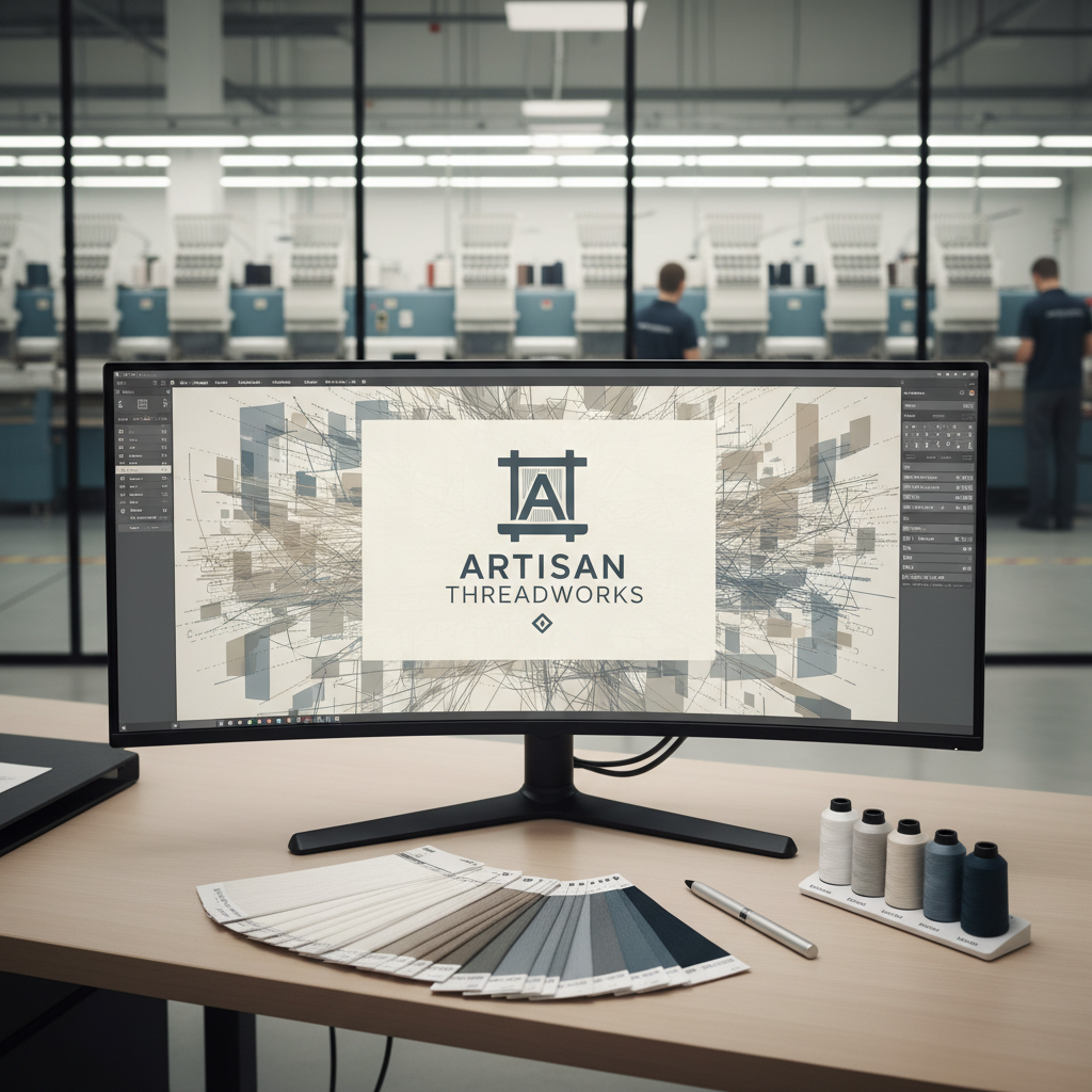 A detailed, photographic close-up of an embroidery design being finalized on a large, professional-grade monitor at a design workstation. The screen displays a technical, vector-style logo overlaid with stitch paths and color layers in subtle, neutral shades. In front of the monitor, a neatly arranged desktop holds a color-matched thread chart, a stylus pen, and a small set of thread spools aligned by shade. The background reveals a softly blurred glimpse of the production floor through a glass partition, suggesting connectivity between design and manufacturing. Soft, indirect office lighting combined with the monitor’s gentle glow creates a calm, focused atmosphere. Shot at eye level with a rule-of-thirds composition, the scene feels modern, methodical, and aligned with a corporate, behind-the-scenes storytelling approach.