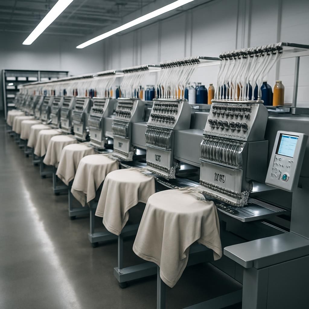 A meticulously organized embroidery production floor captured in photographic realism, featuring rows of high-end, industrial embroidery machines with brushed metal housings and illuminated control panels. Each machine holds tightly hooped neutral-colored garments, their surfaces taut and ready for stitching. The setting is a spotless, open-plan facility with glossy concrete floors, white walls, and neatly labeled shelving in the background. Cool, diffused overhead LED lighting creates even illumination with soft, controlled shadows, emphasizing clean lines and a corporate aesthetic. Shot from a slightly elevated, wide-angle perspective with sharp focus throughout, the composition is balanced and structured, conveying precision, efficiency, and professionalism suitable for a production blog homepage hero image.